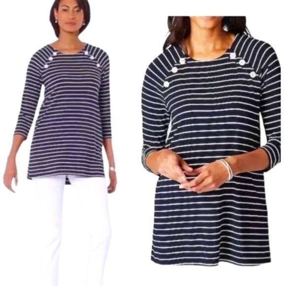 J Jill Wearever Collection Top Womens Medium Blue Striped Tunic Blouse Stretch - Picture 1 of 6